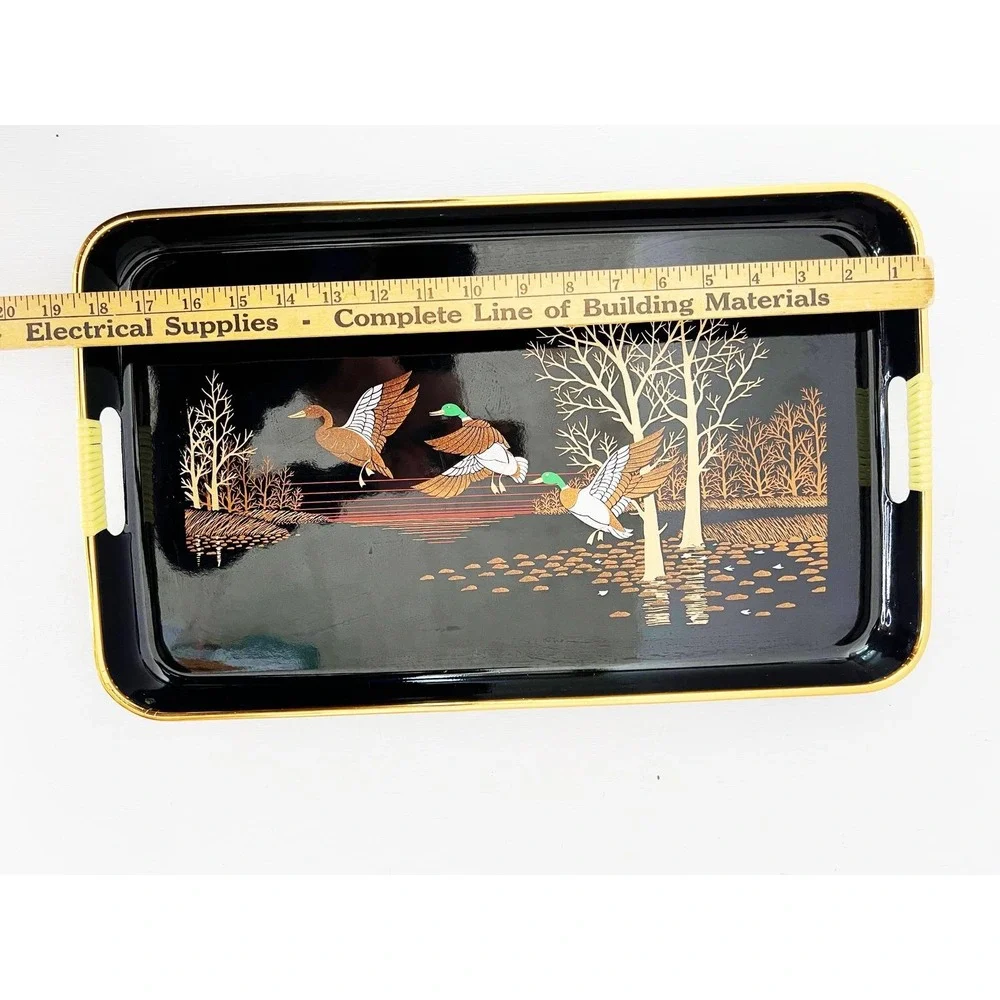 Japan Lacquerware Serving Tray Black Gold Mallard Ducks Nature Scene Shaddy